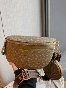 浮雕紋理臀包,拉鍊斜跨胸袋,時尚胸包帶迷你包多模組印花兩件式腰包,復古字母圖案腰包,拉鍊腰包,完美的日常斜挎包,防水調節帶迷你胸包,拉鍊扣多功能臀包,pu腰袋 - 卡其色 - 查看 2