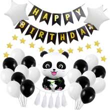 1套熊貓主題氣球裝飾套裝,含生日快樂橫幅、星形和熊貓箔氣球,非常適合男女生日派對裝飾 - 彩色 - 查看 1