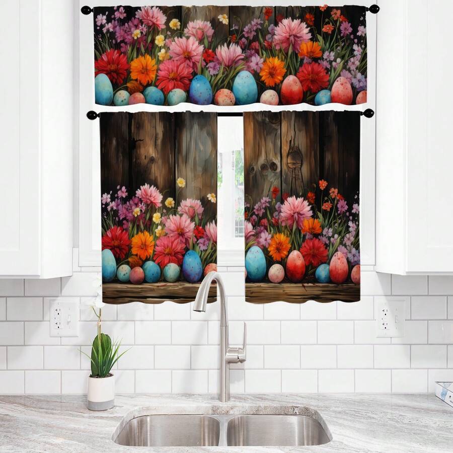 1片/2片咖啡廳窗簾巴黎春天花卉蛋椅墊窗簾,掛袋式鄉村短現代美學抽象窗簾,適用於廚房臥室學習咖啡廳客廳家庭等窗戶裝飾 - Flower Egg - 查看 1