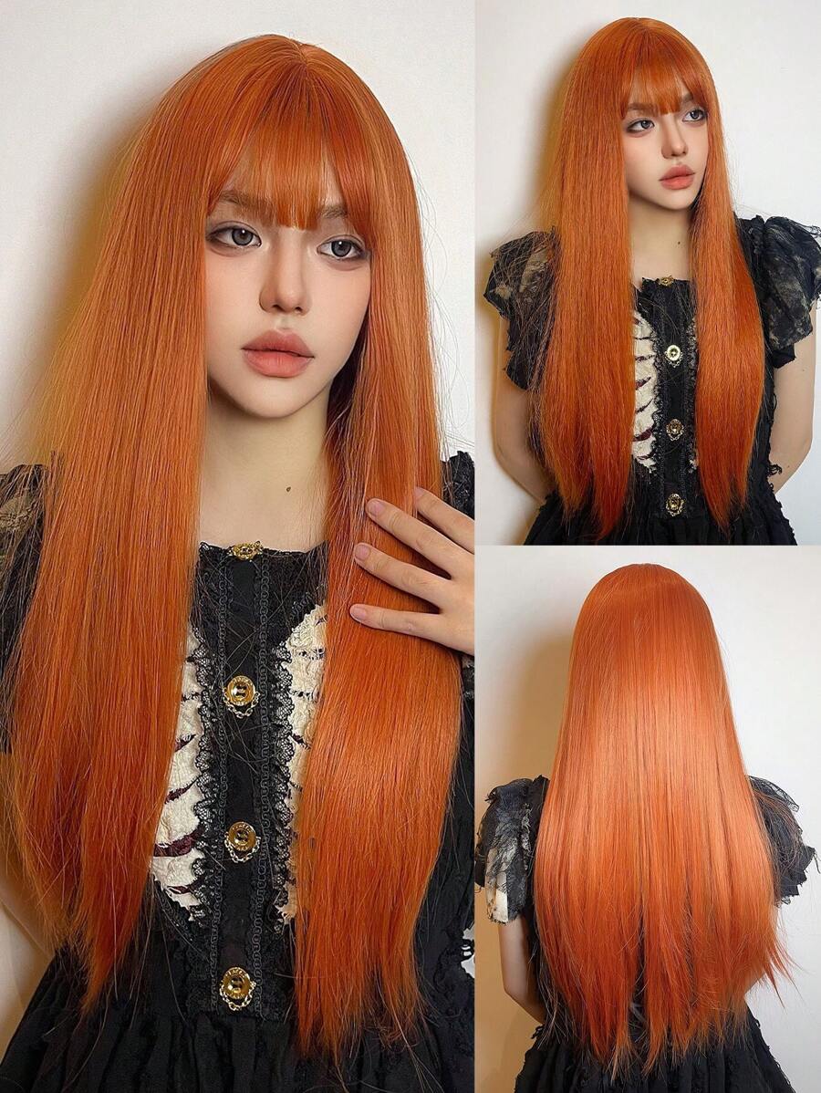 Black Long Straight Wigs For Women, Natural Black Synthetic Wigs With Bangs, Elegant Beautiful Natural Looking Heat Resistant Synthetic Wig Daily Party Use - 黃色 - 查看 1