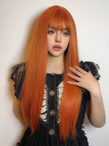 Black Long Straight Wigs For Women, Natural Black Synthetic Wigs With Bangs, Elegant Beautiful Natural Looking Heat Resistant Synthetic Wig Daily Party Use - 黃色 - 查看 3