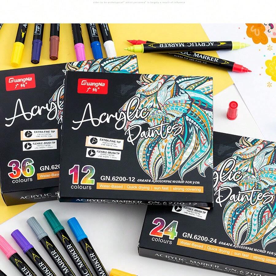 A Set Of 12-Color Acrylic Double-Headed Color Pen Line Drawing Brush Painting Album DIY Ceramic Painting Children Watercolor Painting - Multicolor - View 1