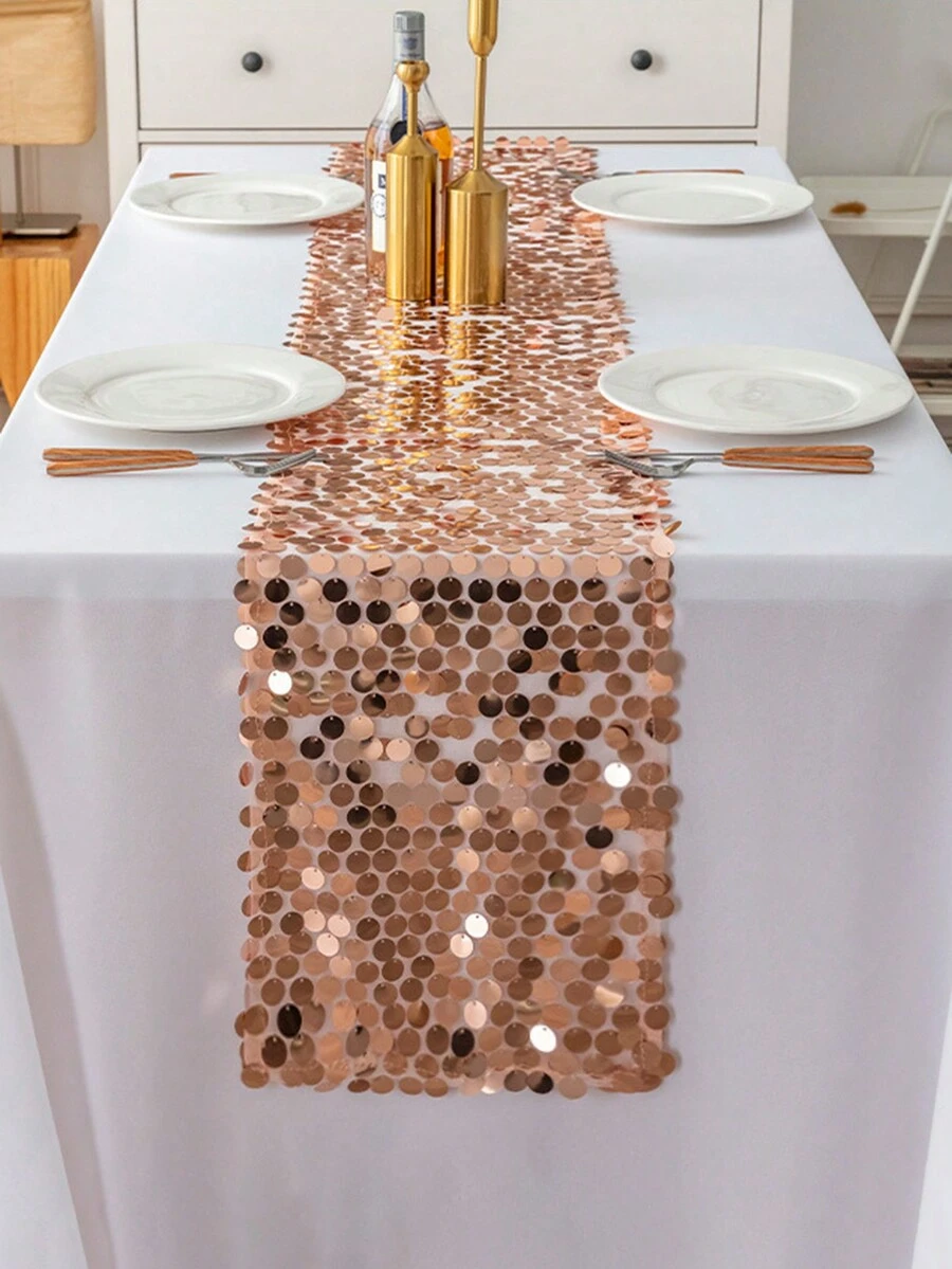 1pc Glitter Table Runner, European Solid Color Wedding Table Decoration, Romantic Party Table Runner, Rose Gold - Rusty Rose - View 1