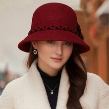 中老年女士帽子秋冬季针织帽妈妈加厚保暖渔夫帽妈妈帽 - 酒紅色 - 查看 1