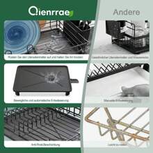 Escurreplatos Vajilla, escurreplatos, escurreplatos de acero inoxidable con caño de drenaje giratorio, soporte para utensilios y tapete de secado, escurreplatos para fregadero de cocina, negro