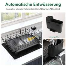 Escurreplatos Vajilla, escurreplatos, escurreplatos de acero inoxidable con caño de drenaje giratorio, soporte para utensilios y tapete de secado, escurreplatos para fregadero de cocina, negro