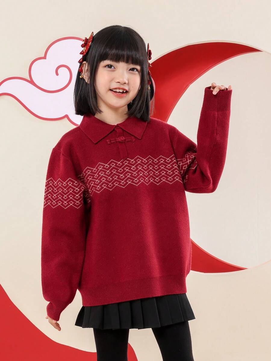 小女孩風紅色 Polo 衫兒童冬季新年衣服 - 紅色 - 查看 1