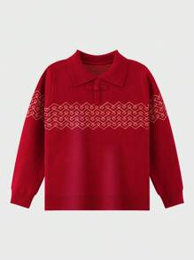 小女孩風紅色 Polo 衫兒童冬季新年衣服 - 紅色 - 查看 4