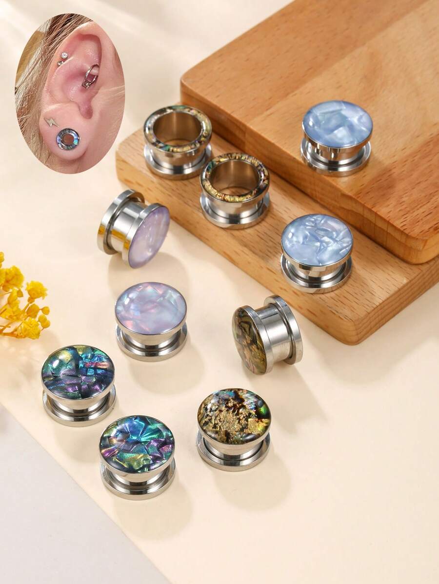 2 Pcs/Set Cool Abalone Shell Inlay Screw Ear Gauges Plugs Tunnels Expander Stainless Steel Stretcher Ear Expander Body Piercing Jewelry Best Friend Gifts Daily Wear