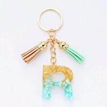 1入組新款女士樹脂流蘇鑰匙扣,設有英文字母設計,歐美流行款式,裝飾有碎石、金箔和流蘇,作為時尚包飾使用 - 彩色 - 查看 26