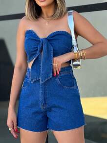 Women Denim Two-Piece Outfits - Rửa tối - Xem 2