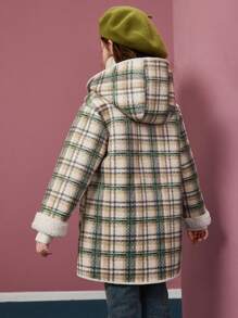 女童格子保暖襯裡保暖連帽中長羊毛大衣（適合青少年女孩） - 綠色 - 查看 4