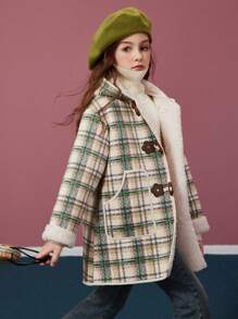 女童格子保暖襯裡保暖連帽中長羊毛大衣（適合青少年女孩） - 綠色 - 查看 1