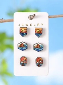 3 對復古波西米亞度假風格波浪海灘日落椰子樹耳環套裝女式時尚耳飾 - 彩色 - 查看 3