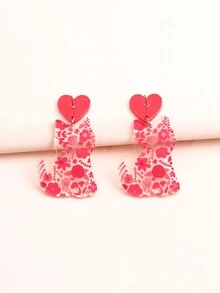 1pair Valentine's Day Flower & Transparent Cat Design Earrings For Women - Multicolor - View 3