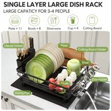Escurridor de platos, escurridor de platos de acero inoxidable, escurridor de platos con porta utensilios, portavasos, soporte para tabla de cortar y tapete de drenaje adicional (negro)