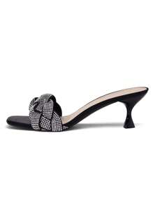 Women Low Kitten Mule Heeled Sandals With Rhinestone Decor , Fashion Open Toe Slip On Summer  Kitten Heeled Sandals For Daily Wearing Wedding Party - BLACK/RHINESTONE - View 2