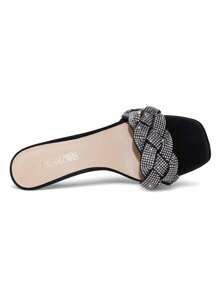 Women Low Kitten Mule Heeled Sandals With Rhinestone Decor , Fashion Open Toe Slip On Summer  Kitten Heeled Sandals For Daily Wearing Wedding Party - BLACK/RHINESTONE - View 3