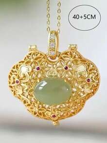 1pc High-End White Jade Fan-Shaped Pendant Necklace, Palace Style, Hollow Out Turquoise, Enhance Your Aura - Sapphire Openable Sachet Necklace - View 5