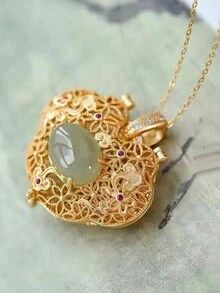 1pc High-End White Jade Fan-Shaped Pendant Necklace, Palace Style, Hollow Out Turquoise, Enhance Your Aura - Sapphire Openable Sachet Necklace - View 3