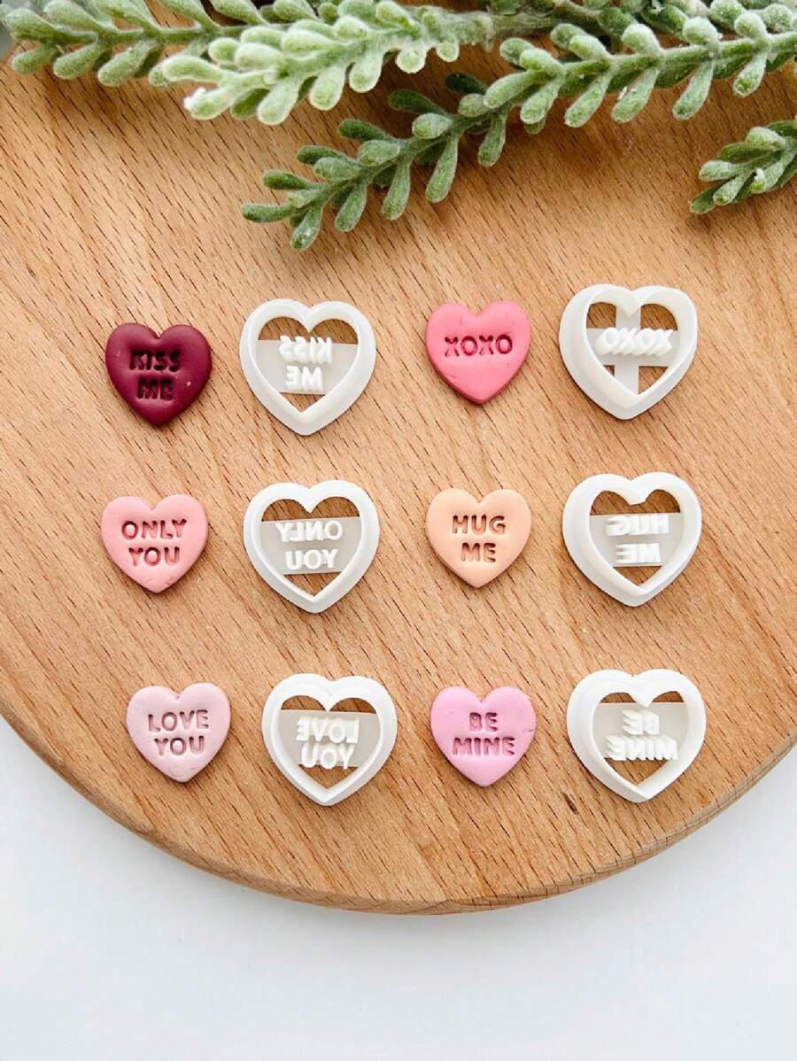6pcs情人節心型矽膠模具,可diy黏土耳環,附耳環鉤、樹脂切割器和其他工藝工具