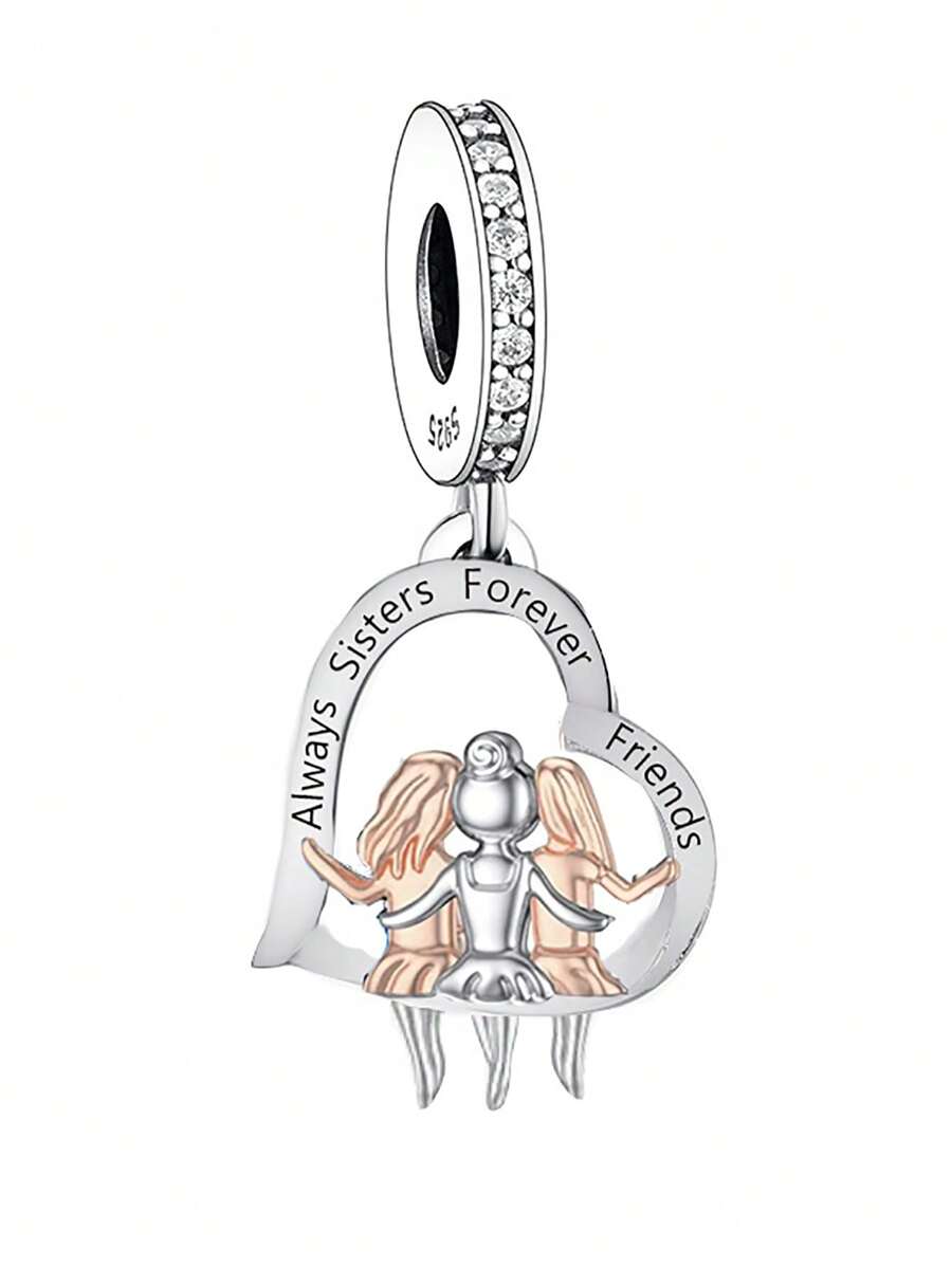 HuooNew 1入組歐美風格銀色姐妹情誼心形吊墜串珠項鍊送給女孩理想禮物 - 銀色 - 查看 1