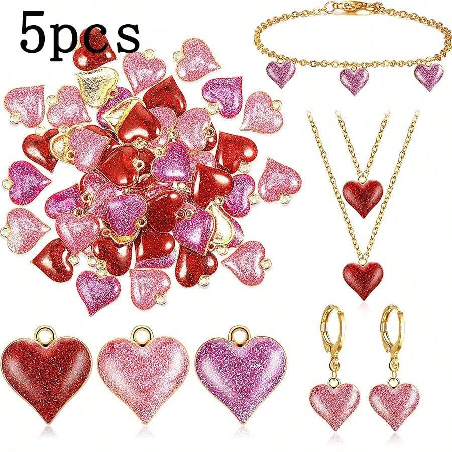 5 件/30 件闪光珐琅心形吊坠，适用于珠宝制作、DIY 手链项链配件 - 彩色 - 查看 1