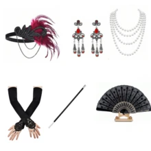 6pcs 1920'S Style Accessories With Fan Gloves  Necklace Bracelet Headband Earrings Cigarette Rod For Halloween Masquerade - Black - View 1