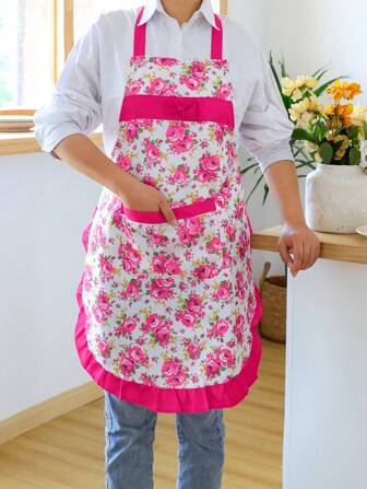 1pc Floral Print Women's Breathable & Lightweight Apron With Pockets, Suitable For Kitchen, Cooking And BBQ
