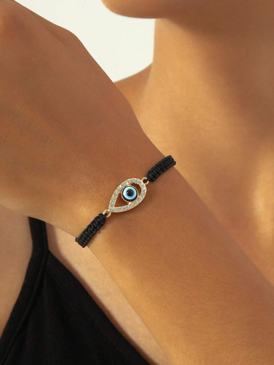1pc Unisex Adjustable Demon Eye Bejeweled Bracelet - Black - View 1