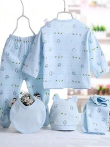 Baby Girl Cartoon Printed One-Month Newborn Clothing Set - Blue - View 2