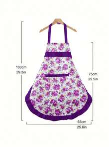 1 件花卉印花女士透气轻便围裙，带口袋，适合厨房、烹饪和烧烤 - 紫色 - 查看 4