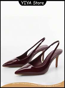 YIYA Women'S Cherry Red Heels For Fall Slingback Closed Pointed Toe Stiletto High Heels Backless Slip-On Heeled Autumn Pumps Dress Shoes - 酒紅色 - 查看 4