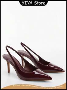 YIYA Women'S Cherry Red Heels For Fall Slingback Closed Pointed Toe Stiletto High Heels Backless Slip-On Heeled Autumn Pumps Dress Shoes - 酒紅色 - 查看 6