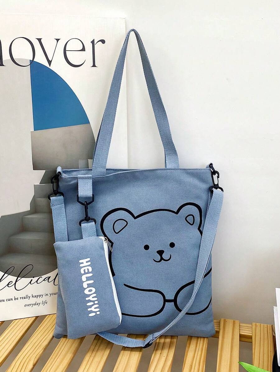 2 件女孩帆布拉鍊開合卡通熊單肩包套裝適合學校和學習 - 藍色 - 查看 1