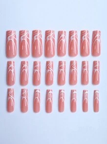 Upgrade Your Look With 24pcs Long Square White Striped Fake Nail & 1pc Nail File & 1sheet Tape Press On Nails Nail Supplies - Multicolor - View 3