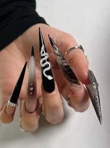 24入組長拔子形y2k美學優雅閃亮鑽石3d銀色金屬蛇紋設計黑色法式全套假指甲,為女性增添浪漫氛圍 - 黑色 - 查看 1