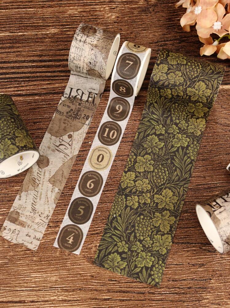 Multisized And Paper Green Leaf Arabic English Numerals Ink Painting Graffiti Journal Decoration Vintage Tape Set