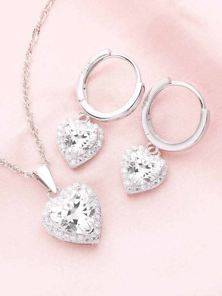 1Set Elegant Halo Heart White Cubic Zirconia Solid 925 Sterling Silver Necklace HoopEarrings Jewelry Set Wedding Engagement Bridal Jewelry - 1Set Earrings Necklace - View 1