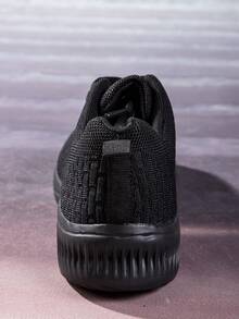 2023 New Style Four Seasons Breathable Lightweight Anti-Slip Wear-Resistant Knitted Mesh Solid Color Lace-Up Simple Sneakers For Women, Sports, Casual, Running Shoes - Black - View 6