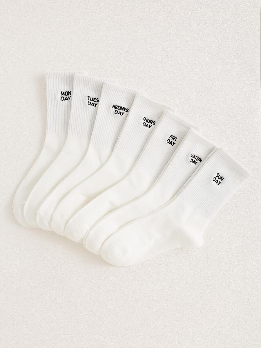 7pairs Men Letter Embroidered Crew Socks - White - View 1