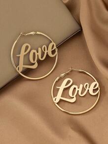 1pair Letter Decorated Circle Shaped Simple Metal Earrings - Yellow Gold - View 3