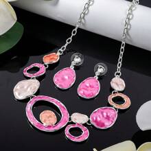 1套2入組復古彩色搪瓷幾何橢圓形中空鋅合金珠寶套裝,包括項鍊和耳環,適合女性,適用於復古派對 - 幾何 - 查看 14