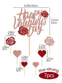 7件套情人节闪光“情人节快乐”字母和玫瑰蛋糕装饰插牌/纸杯蛋糕装饰套装，适用于情人节派对蛋糕装饰 - 粉色 - 查看 2