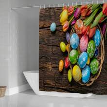 1/4入組復活節有趣淋浴簾套裝,農家木製桌面、兔子彩蛋、春季鬱金香防水淋浴簾、家庭淋浴分區簾、防滑地墊、u型坐墊、廁蓋墊、浴室裝飾,含12掛鉤,71x71英寸 - 彩色 - 查看 4