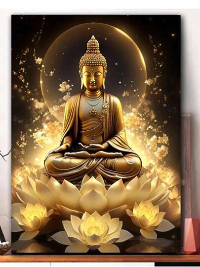1Set Diy Diamond Painting Golden Buddha Lotus Without Frame, Graphic Pattern DIY Diamond Unframed Painting For Home Decor The Best Gift Full Round Diamond Mosaic Embroidery Needlework