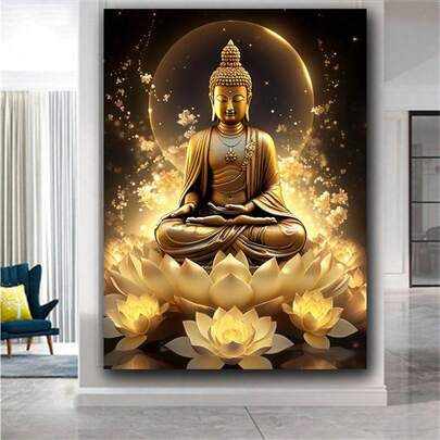 1套diy金佛蓮花鑽石畫無框,圖形圖案diy鑽石無框畫,適合家居裝飾最佳禮物,全圓形鑽石馬賽克刺繡手工藝品