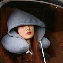 1入組帶帽u型頸枕,具有粒子保護,午睡枕頭,旅行用帽子頸護枕 - 藍色 - 查看 2