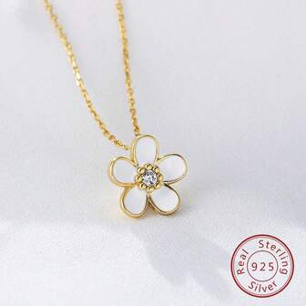 1 件 S925 纯银水钻镶嵌油滴小花吊坠项链，女式简约百搭欧美风格锁骨链