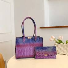 European And American Fashion, Crocodile Pattern Texture, Large-Capacity Portable Shoulder Tote Bag, Gradient Color Pu, Versatile For Daily Commuting To Work, Can Be Worn Cross-Body, Can Be Carried As A Two-Piece Mother-In-Law Bag - Purple - View 4